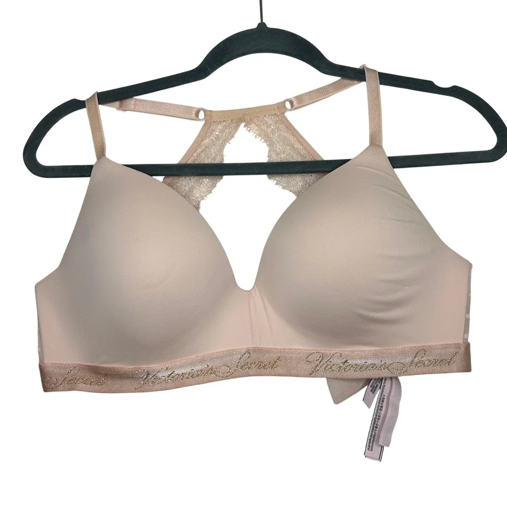 Victoria's Secret Pink T-Shirt Lightly Lined Wireless‎ Lace Bra 32DDD Pink
